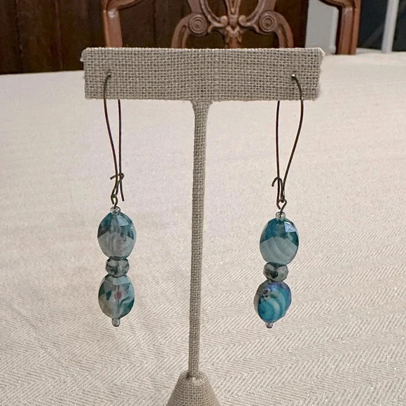 Handmade Teal Oil Slick Effect Glass Bead Kidney Wire Antique Brass Earrings - Picture 1 of 5